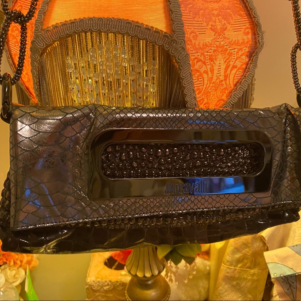 Just Cavalli folding bag in patent faux gray/brown leather with charcoal accents - Picture 11 of 12